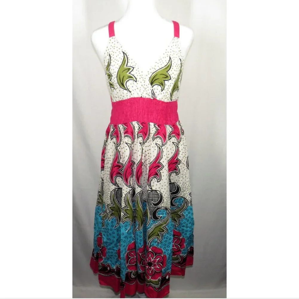 Indian Tropical Fashion Women's Size M/L Multi Color Floral V Neck Smocked Dress